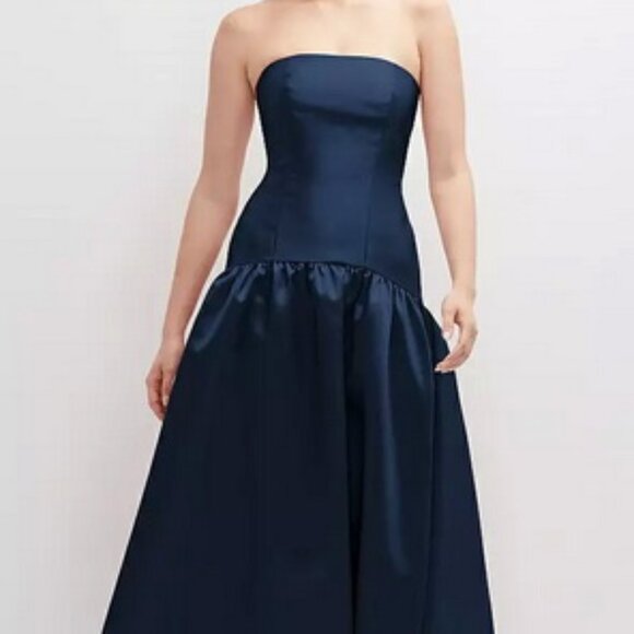 Alfred Sung Midnight Blue Strapless Satin High Low Gown D851 - Picture 1 of 6